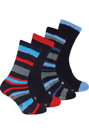 Sock Snob 4 Paar Heren Antislip Pantoffel Gezellige Sokken - Blauwe / Rode Streep