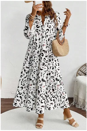 Azura Exchange Dames Leoprint Maxi Jurk Casual V-Hals 3/4 Mouw Gelaagde Lange Jurk