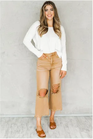 Azura Exchange Bruine Versleten Uitsnijd Hoog-Waisted Open Flare Jeans