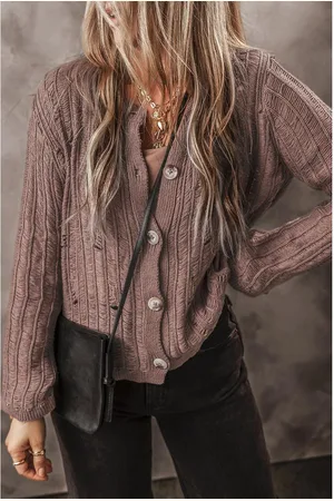 Azura Exchange Geiten Snit Uitsparing Textured Brei Geknoopte Cardigan