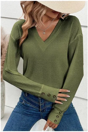 Azura Exchange Jungle Groen Textured Knit V-hals Knopen Manchetten Lange Mouw Top