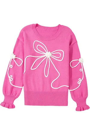 Azura Exchange Felroze Gewatteerde Bloemenstrik met Ribbelrand Casual Trui