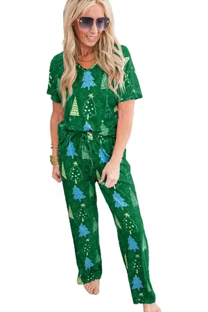 Azura Exchange Groene Kerstboomprint V-hals T-shirt en Broek Lounge Set