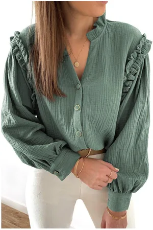 Azura Exchange Groene Gerimpelde Blouse met Splitnek en Rimpeldetails