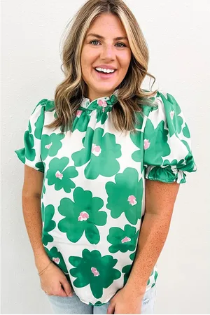 Azura Exchange Groene Bloemige Puff Sleeve Frill Halslijn Blouse
