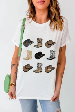 Azura Exchange Witte Cowboys Boots Western Fashion Print T-shirt
