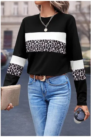 Azura Exchange Witte Luipaard Kleurblok Patchwork Crewneck Lange Mouw T-Shirt