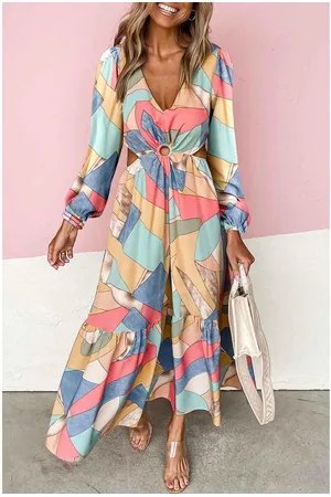 Azura Exchange Dames Abstracte Print O-ring Uitgesneden Lange Mouwen Maxi Jurk in Multicolor