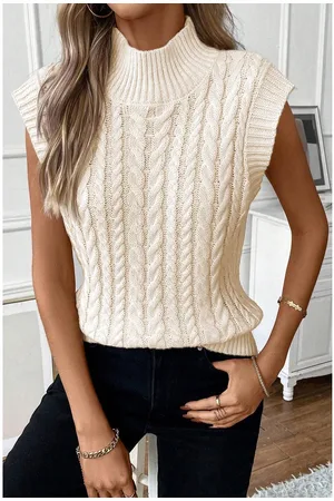 Azura Exchange Havermout Kabelgebreide Hoogsluitende Sweater Vest