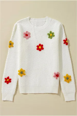 Azura Exchange Witte Kleurige Bloem Appliqué Textuur Gebreide Trui