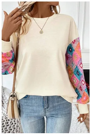Azura Exchange Abrikozen Geometrisch Gedrukt Patchwork Lange Mouw Ronde Hals Top
