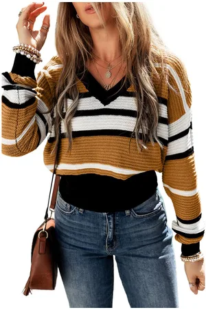 Azura Exchange Bruine Strook Contrast Stripe V-Hals Geweven Trui