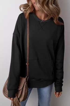 Azura Exchange Zwarte Drop Shoulder Crisscross Stiksels Met Zakken Losse Sweater