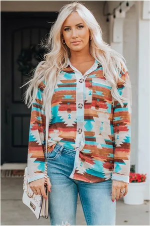Azura Exchange Multicolor Aztec Print Knop-Tas Borst Lange Mouw Blouse
