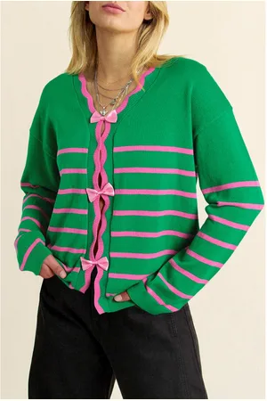 Azura Exchange Groene Streep Riem Schattige Strikdetail Trui Gebreide Cardigan