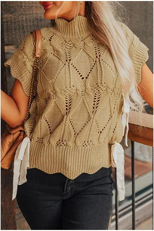 Azura Exchange Licht Frans Hollowed Knit Scalloped Trim Hoge Hals Truien