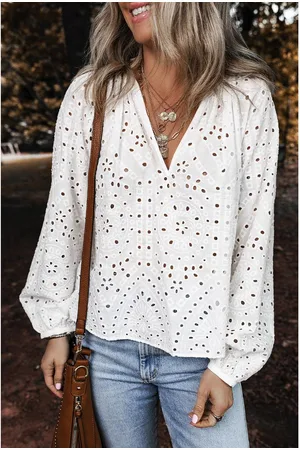 Azura Exchange Witte Oogjes Geborduurde Puff Sleeve V-Hals Blouse