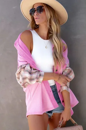 Azura Exchange Dames Patchwork Oversized Shirt Jas in Roze