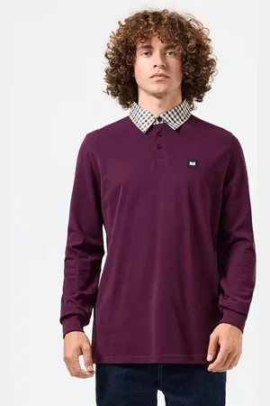 Weekend Offender Heren Walker geruite kraag poloshirt met lange mouwen in Berry