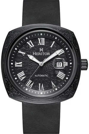 heritor automatic Davenport horloge met gegraveerde leren band en datum