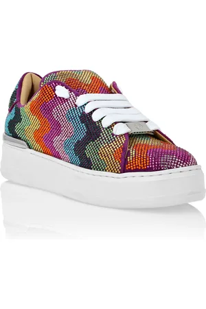Philipp Plein Suede Lo-Top Sneakers With Crystals Waves Rainbow