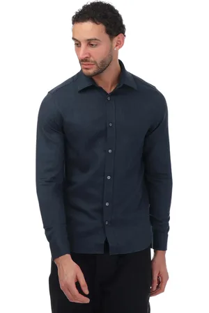 Ted Baker Heren Overhemd met lange mouwen in visgraatmotief (Marine)