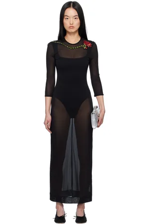 Simone Rocha Black Embellished Carnation Fitted Mesh Maxi Dress