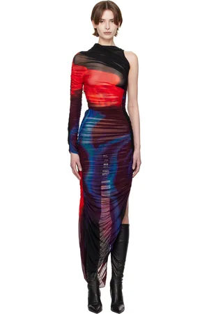 MUGLER Multicolor Floral Print Pierced Ruched Midi Dress