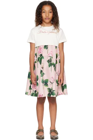 Dolce & Gabbana Kids Pink Rose-Print Poplin & Jersey Dress
