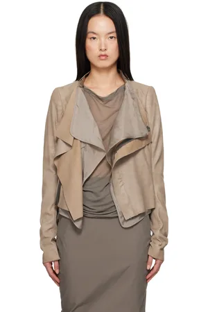 Rick Owens Beige Hollywood Low Neck Leather Biker Jacket