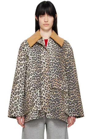 Ganni Brown Leopard Printed Canvas Midi Jacket