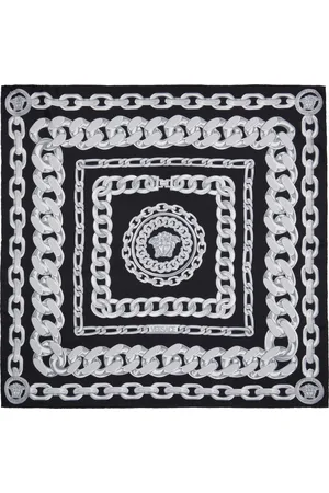 VERSACE Black & Gray Medusa Chains Large Silk Scarf