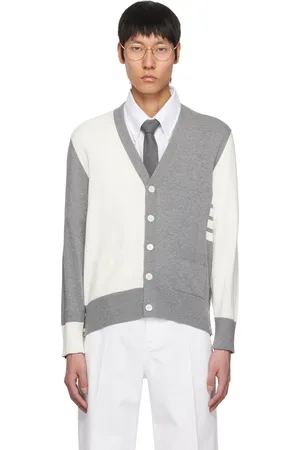 Thom Browne Gray & White Funmix 4-Bar Relaxed Fit V-Neck Cardigan