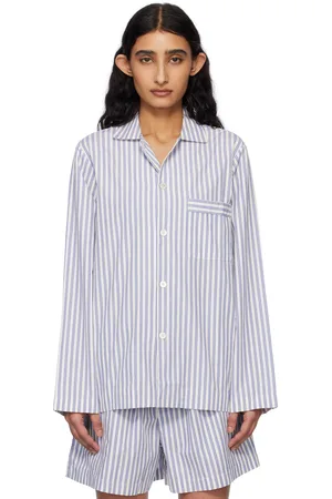 Tekla White & Blue Poplin Long-Sleeved Pyjama Shirt