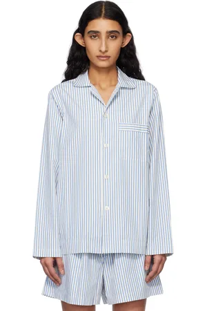 Tekla Off-White & Blue Poplin Long-Sleeved Pyjama Shirt