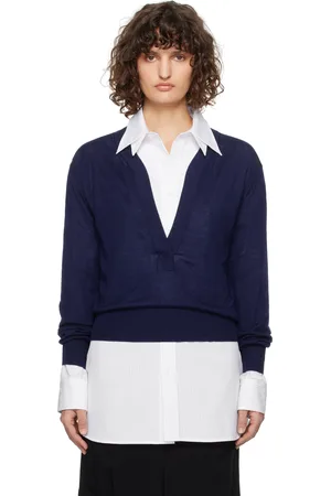 Recto Blue Deep Henley Neck Sheer Knit Sweater