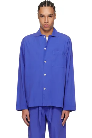 Tekla Blue Poplin Long-Sleeved Pyjama Shirt