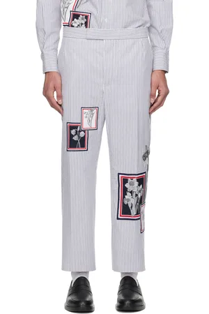 Thom Browne Navy & White Seersucker Framed Floral Backstrap Trousers