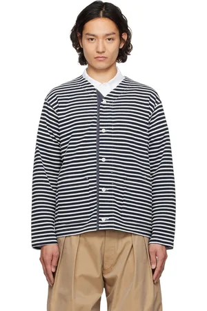 ENGINEERED GARMENTS White & Navy PC Stripe Jersey Knit Cardigan