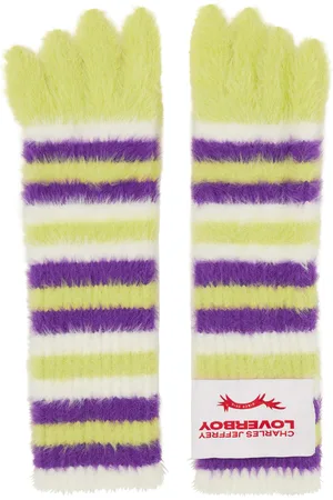 Charles Jeffrey Loverboy Green & Purple Fluffy Striped Gloves