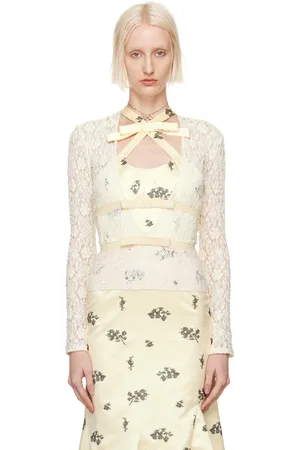 yuhan wang Off-White Ribbon Tied Lace Blouse