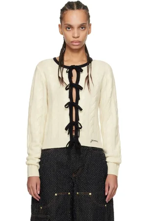 Ganni Off-White & Black Cashmere Mix Tie String Cardigan