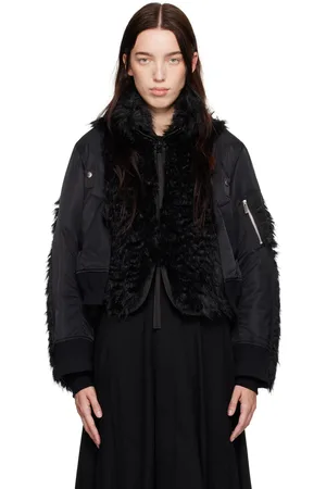 SACAI Black Faux Fur & Nylon Twill Bomber Jacket