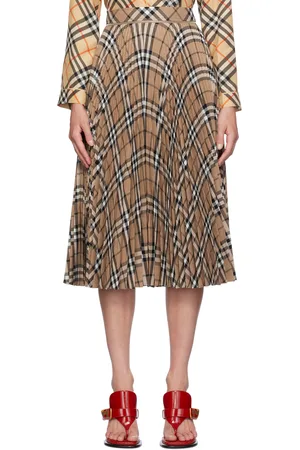 Burberry Brown Pleated Check Midi Skirt