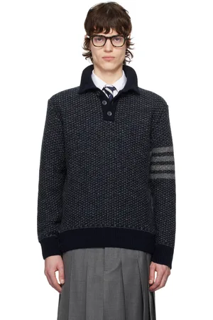 Thom Browne Navy Tweed 4-Bar Stripe Polo