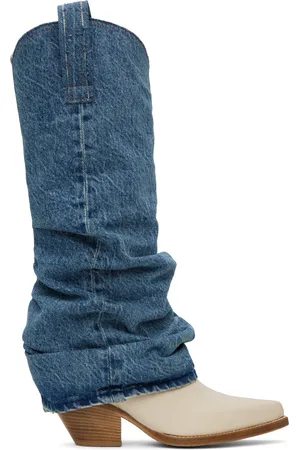 R13 Blue & White Mid Cowboy Denim Sleeve Boots