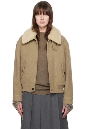 DUNST Beige Detachable Faux-Shearling Collar Bomber Jacket