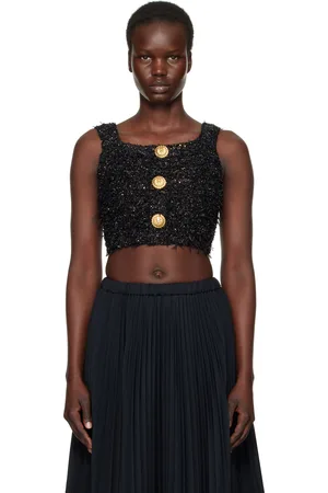Balmain Black Tweed Knit Crop Tank Top