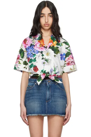 Dolce & Gabbana White Cotton Pussy-Bow Floral Print Shirt