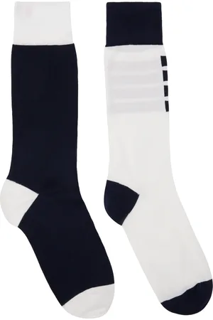 Thom Browne White & Navy Funmix Classic 4-Bar Jersey Mid Calf Socks